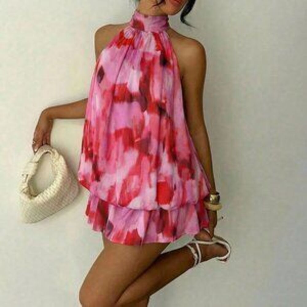 Multicolor Boho Women's Elegant Brushstroke Backless Mini Dress - Picture 2 of 5